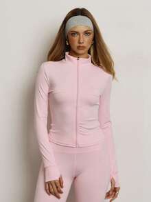 PinkTip 纯色立领拉链外套，塑形显瘦，透气运动休闲街头风，适合瑜伽、健身和日常穿着。 - 淺粉色 - 查看 6