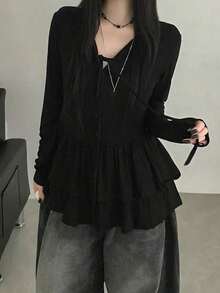 Korean Style Spring New V-Neck Peplum Hem Tie Design Long Sleeve T-Shirt, Layered Look Ladies Top - Black - View 4