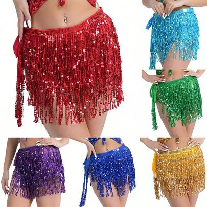 Saia de Dança do Ventre Feminina com Franjas Brilhantes Revestidas de Lantejoulas, Lenço de Quadril para Festa, Fantasia de Carnaval e Rave, Saia com Borlas para Mulheres em Festa