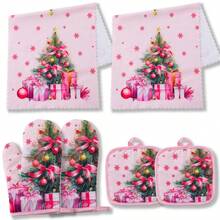 6pcs/Set Christmas Snowman Thick Kitchen Oven Mitts, Heat Resistant Pads, Microwave Gloves, Baking Insulated Gloves, Christmas Reindeer Towels, Christmas Gifts