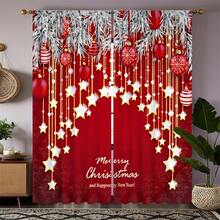 2 pièces Rideaux élégants avec motif d'étoile de boule de Noël rouge et or imprimé à plat, installation de tringle à poche, rideaux à impression numérique, matériau en polyester, convient pour le salon, la cuisine, la chambre, le bureau, la salle à manger, la décoration de la maison, la décoration de Noël