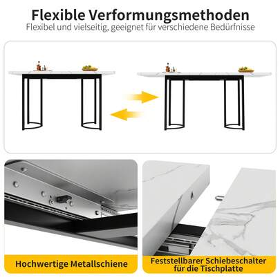 Telescopic Dining Table (140-179.5*80cm), Extendable Dining Table, Space-Saving Kitchen Table, Metal Frame, Rectangular Dining Table For Dining Room And Living Room, White/Black