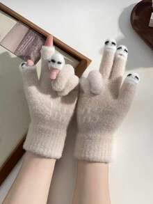 1 双男女通用露指针织手套，保暖户外秋冬季实用三指护腕手套，适合校园女生、学生、写作、学习、日常佩戴，礼物+冬季装备+手套熊+圣诞节