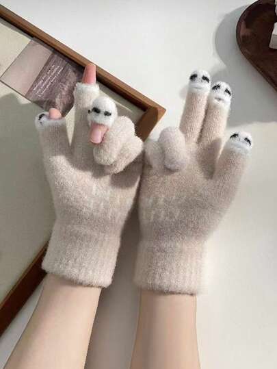 1 双男女通用露指针织手套，保暖户外秋冬季实用三指护腕手套，适合校园女生、学生、写作、学习、日常佩戴，礼物+冬季装备+手套熊+圣诞节