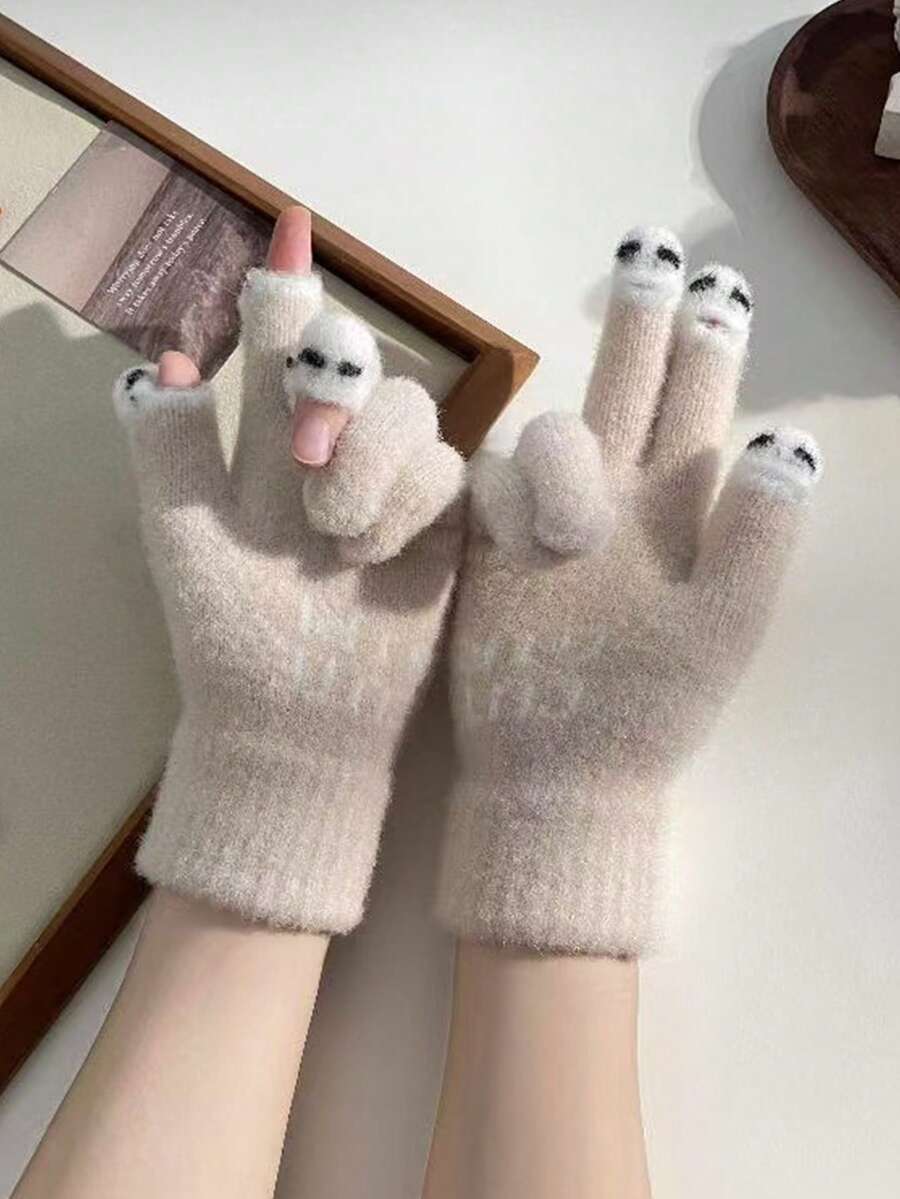 1 双男女通用露指针织手套，保暖户外秋冬季实用三指护腕手套，适合校园女生、学生、写作、学习、日常佩戴，礼物+冬季装备+手套熊+圣诞节