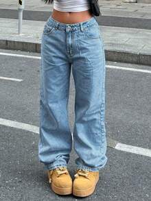 Women's Y2K Loose Straight Leg Jeans With Butterfly Embroidered Pockets - Medium Wash - View 6