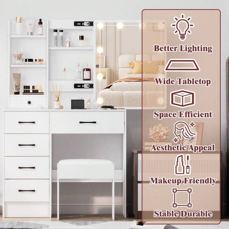 White Dressing Table & Drawers LED Mirror Stool Set Makeup Desk Vanity Modern - trắng - Xem 5