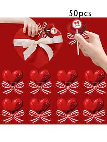 50pcs Heart-Shaped Lollipop Cards, Red Heart Candy Cards, Suitable For Tabletop Centerpieces, Valentine's Day And Event Decorations, Lollipop Packaging Cards, Gift Wrapping Decor - 彩色 - 查看 7