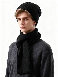 1 Set Of Solid Color Set, Men's Outdoor Cold Proof Woolen Hat+Scarf Warm Set, Autumn And Winter Cycling Versatile Knitted Cold Proof Set, Suitable For Daily Travel Wear