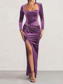 Onicee Summer Dress, Purple Velvet Long Sleeve Split Hem Party Dress, Elegant Dress Suitable For Valentine's Day, Dates, Gatherings, Parties, Travel, Vacation, Beach And Other Occasions - Purple - View 10