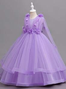 Young Girl Elegant Floral Flower Girl Wedding Dress Princess Tulle Long Gown, Suitable For Formal Occasions, Parties, Anniversaries - Purple - View 6