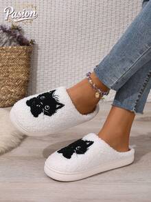 Women's Plush Cat Embroidered Slippers, Cute Indoor Non-Slip Warm Comfortable Bedroom Thermal Slippers, Winter