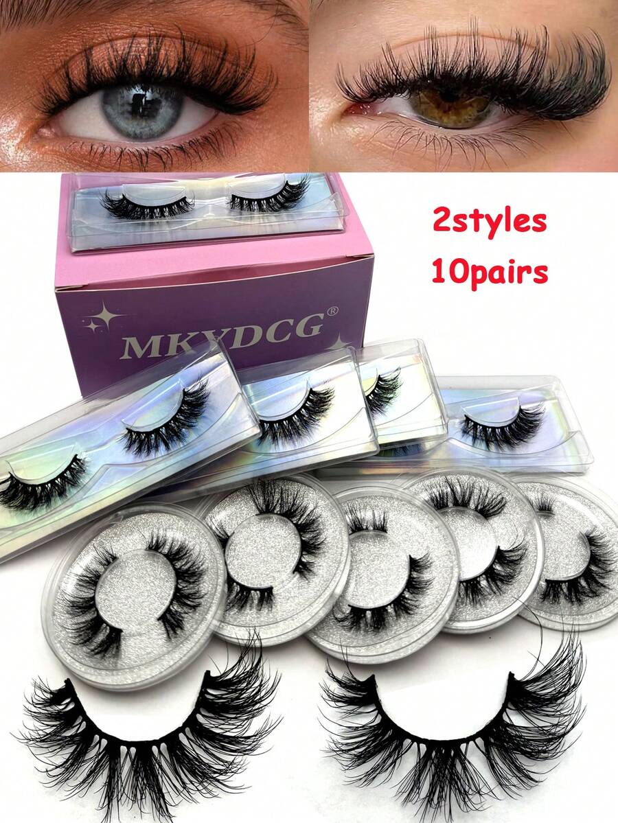 10/16/21 Pairs Fluffy&Thick 3D False Eyelashes With Glitter Paper Box,Lashes Bulk Christmas Gifts,3D Cat Eye Eyelashes Natural Soft,Protable, Makeup Manga Lashes,Dramatic Messy Mink Lashes Wispy, Individual Package Faux Mink Lashes Wholesale - 黑色 - 查看 1