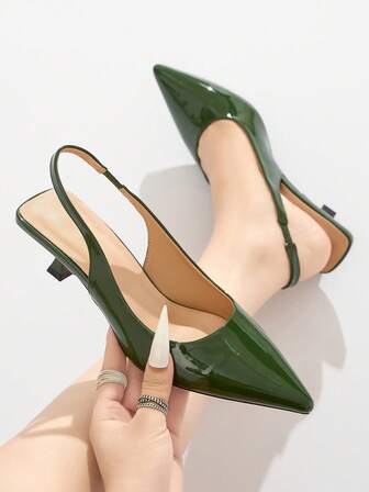Dam Enfärgade Spetsig Tå Kitten Heel Slingback Mules, Minimalistiska & Bekväma, Lämpliga För Vardag, Pendling, Formella Tillfällen, Låg Klack, PU-Material, Militärgrön, Höst/Vinter