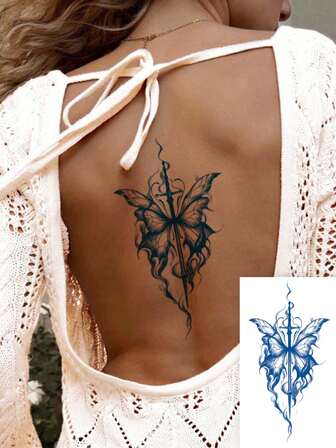 1pc Butterfly & Sword Creative Design Temporary Tattoo Sticker, Herbal Floral & Butterfly Pattern, Waterproof And Easy To Use, Suitable For Women's Chest, Waist, Legs, Lasts 7-15 Days, Perfect For Parties, Gifts, Travel, Music Festivals