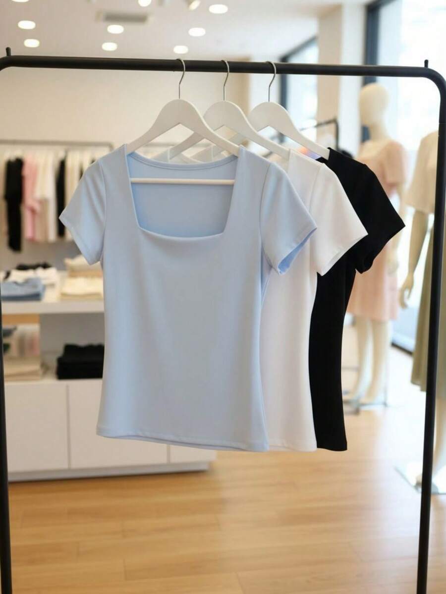 Set Of 3 Women's Baby Look Blouses With Square Neckline, Short Sleeves, Basic Shaping, Versatile, Casual Fashion, No Transparency, Fabric With Elastane, , Blogger Style, Affordable - BLUEBB-bLACK-wHITE - View 1