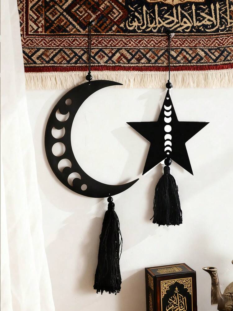 1pc Bohemian & Moon Wooden Hanging Decor, Creative Minimalist Home Decoration For Living Room, Bedroom, Kitchen, Outdoor Yard, Atmosphere Ornament - Black - View 2