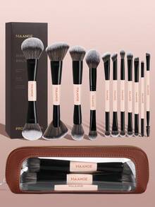 MAANGE 4/3/8/11/12件套专业化妆刷套装，包含双头面部化妆刷、斜角粉底刷、轮廓刷、腮红刷、散粉刷、眼影刷、遮瑕刷、高光刷和晕染刷，并附赠化妆包。化妆工具采用柔软纤维材质，方便携带，是旅行的理想之选。 - 杏色 - 查看 4