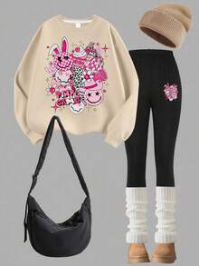 2pcs Teen Girl Sweet And Style Cartoon Print Sweatshirt & Leggings Set, Comfortable & Elastic, Spring Autumn Daily Leisure Wear - Apricot - View 2