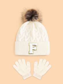 2件套儿童婴儿26字母针织帽和手套套装，柔软毛球装饰，保暖舒适，适合女孩秋冬季校园/户外活动穿着，适合3-8岁儿童。 - 白色 - 查看 15