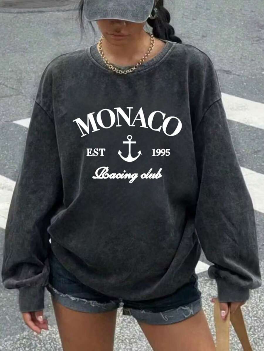 MONACO EST 1995 Racing Club Anchor Print Vintage-Style Sweatshirt, Retro Racing Monaco-Inspired Top, Plus Size Washed Sweatshirt, Crew Neck Long-Sleeve, Winter Lined, Women's Sports Pullover, Sweatshirt, Plus-Size Sportswear, Plus-Size Women's Clothing, Autumn And Winter Season, Comfortable Loose Fit, Plus-Size Autumn And Winter Apparel, Everyday Casual Wear.