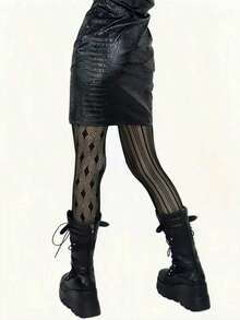 Pure Desire Sexy Style Anti-Snag Non-Slip Lace Vertical Striped Gothic Pattern Striped Pantyhose Women's Retro Punk Sexy Plaid Patchwork Thin Fishnet Stockings - 黑色 - 查看 2