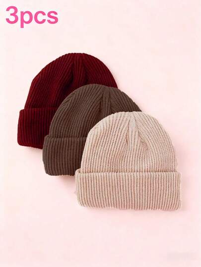 YIYIQCSJ 3pcs Pack Unisex Kids Knit Solid Color Warm Beanie Hats,Suitable For Autumn And Winter