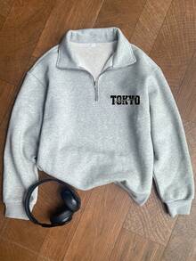 女士秋冬新款休闲拉链套头衫，简约赛车印花，百搭高领设计 - 深花灰 - 查看 2