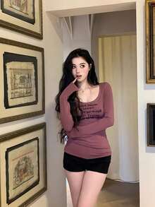 女士休闲修身长袖T恤，舒适时尚，秋冬款