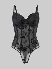 Black Floral Mesh Steel Bra Jumpsuit - Sexy Fitted Deep V-Neck - Black - View 5