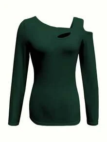 Hollow Out Asymmetric Shoulder Long Sleeve Top, Fashionable Top For Women, Spring & Autumn Casual Summer - Dark Green - View 2