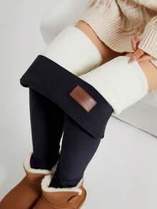 Women'S Warm Plush-Lined High Waist Leggings - Thermal Insulated Winter Pants With Elastic Waistband, Soft Plush & Smooth Outer Fabric, Casual & Casual Attire - Cozy Cold Weather Leggings Women's High-Waist Fleece-Lined Leggings - Warm Elastic Tights For Autumn And Winter, Women's Thickened Casual Sports Pants, Solid Color Non-See-Through Fabric, Shaping Legs, Thick And Warm, Suitable For Outdoor Activities, Running, Fitness, Yoga, Women's Fleece-Lined Leggings For Outer Wear, Winter Fleece-Thickened Plush Pants, Warm Home Pants, Washable, Suitable For Cold Weather, Soft Lining, Elastic Fabric - 黑色 - 查看 3
