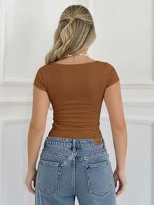 Set Of 3 Women's Baby Look Blouses With Square Neckline, Short Sleeves, Basic Shaping, Versatile, Casual Fashion, No Transparency, Fabric With Elastane, , Blogger Style, Affordable - BEIGE-cOFFEE-cOCOA - View 3