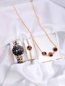SOKI Women's Watch, 1 Set, Fashionable, Personalized Leopard Print PU Strap Quartz Watch, Round Heart Dial, Leopard Print Necklace And Bracelet SSuitable For Daily Wear, Birthday Gift, Back To School, Thanksgiving, Couples Occasions, Best Gift (Box Not Included) - Brown - View 4