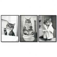 1/3pcs Modern Minimalist Abstract Art Prints, Black & White Cat Brushing Teeth, Using Toilet, Wearing Bathrobe Canvas Poster, Suitable For Bedroom, Living Room, Bathroom, Kitchen, Office Decor, Framed/Unframed Wall Art - Multicolor - View 19