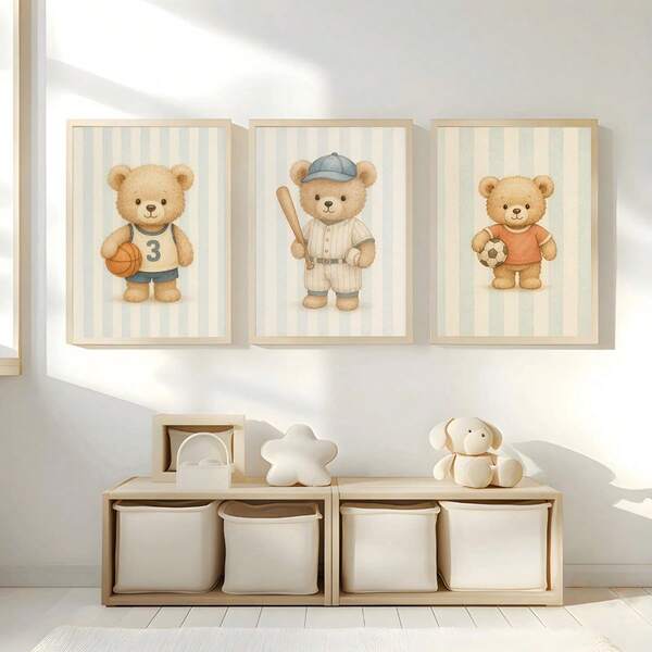 1 pieza, Arte de pared de lienzo, Decoración de pared de guardería enmarcada, Pintura con tema de oso de peluche de béisbol, Pintura con tema de oso de peluche de baloncesto, Pintura con tema de oso de peluche de fútbol, Decoración de guardería con tema deportivo, Adecuado para la decoración de la habitación de los niños, Arte de guardería con tema animal, Decoración de sala de juegos con diseño de rayas azules, Obra de arte para la habitación de los niños, Pintura decorativa para guardería, Decoración de jardín de infantes, Regalo de decoración para entusiastas del deporte, Decoración de sala de juegos, Decoración de sala de maternidad