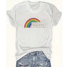 Women's T-Shirt Fitted Tops Print Y2K Crew Neck Tee-Plus Size - Women'S Red T-Shirt - Reading Rainbow Graphic Tee With Book Design - Casual Everyday Shirt For Teachers, Book Lovers - Valentine'S Day & Back To Outfits - Soft Everyday Top, Teacher Apparel, Playful Design, Comfortable Fit-Summer Festival Fashion,  Adult Heavyweight T-Shirt - 白色 - 查看 1