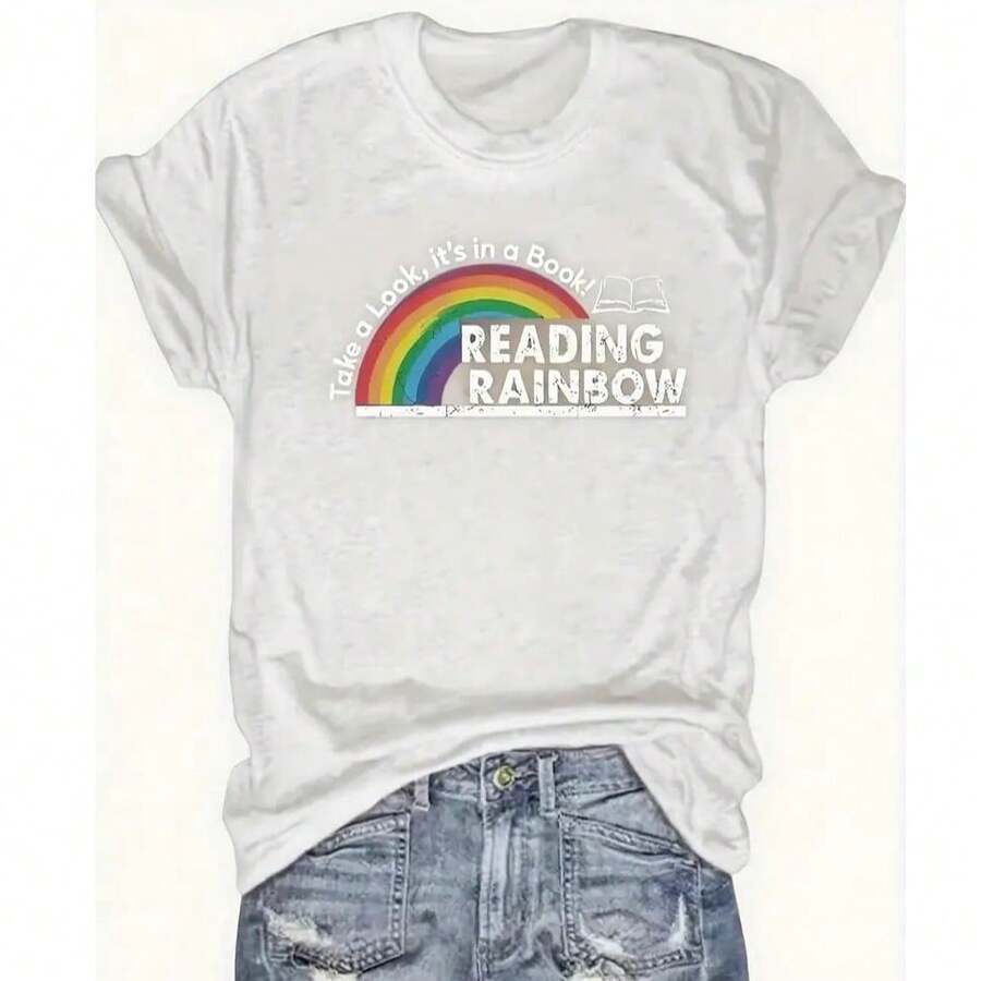 Women's T-Shirt Fitted Tops Print Y2K Crew Neck Tee-Plus Size - Women'S Red T-Shirt - Reading Rainbow Graphic Tee With Book Design - Casual Everyday Shirt For Teachers, Book Lovers - Valentine'S Day & Back To Outfits - Soft Everyday Top, Teacher Apparel, Playful Design, Comfortable Fit-Summer Festival Fashion, Adult Heavyweight T-Shirt - 白色 - 查看 1