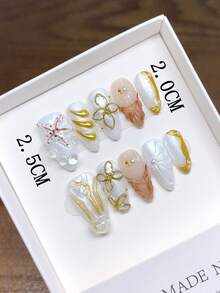 10片纯手工制作的杏仁形美甲贴片，3D立体雕刻白色花朵图案，按压式美甲贴片 - 彩色 - 查看 3