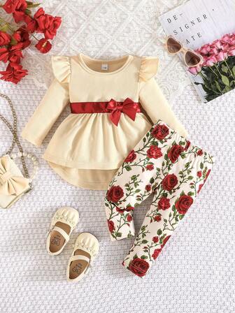 Baby Girls' Ruffled Long Sleeve Knitted Bow Top And Casual Pants Set, Outdoor Leisure Wear, Spring/Autumn