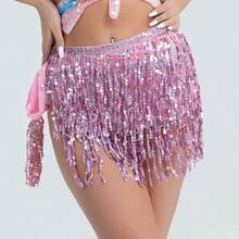 Women's Belly Dance Skirt Sparkly Sequined Fringe Wrap Hip Scarf, Festival Rave Carnival Costume, Burlesque Tassel Skirt For Women Party