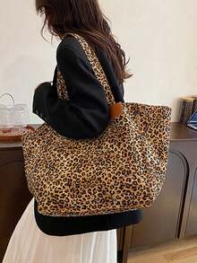 1 Peça Bolsa Tote Grande e Estilosa com Estampa de Onça, Bolsa de Ombro de Grande Capacidade, Bolsa Perfeita para Transporte com Fechamento Magnético, Estilo Vintage Elegante, Bolsa de Mão, Bolsa Escolar, Grande Capacidade, Portátil, para Adolescentes, Mulheres, Estudantes Universitárias, Profissionais de Colarinho Branco, Perfeita para o Trabalho, Branca