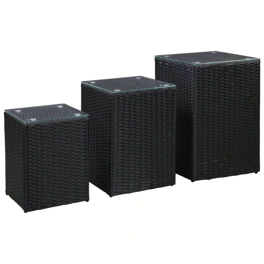 vidaXL Beistelltische 3 Stk. Mit Glasplatte Schwarz Poly Rattan - Black - View 1