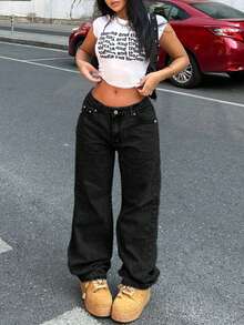 女式 Y2K 宽松直筒牛仔裤，带蝴蝶刺绣口袋 - 黑色 - 查看 3