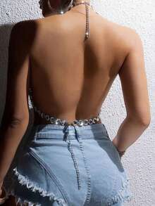 Women's Rhinestone Lingerie Tops Cute Sleeveless Backless Deep V Neck Halter Bra Tanks - Silver - View 6