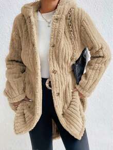 Abrigo de peluche con capucha y manga larga para mujer, chaqueta informal corta de punto acanalado, abrigo cálido de invierno - Beis - Ver 6