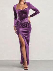 Onicee Summer Dress, Purple Velvet Long Sleeve Split Hem Party Dress, Elegant Dress Suitable For Valentine's Day, Dates, Gatherings, Parties, Travel, Vacation, Beach And Other Occasions - Purple - View 5