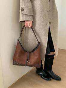 1个秋冬季麂皮手提包，大容量休闲单肩包，仿麂皮肩带手提包，新月形多功能通勤包 - 咖啡棕 - 查看 4