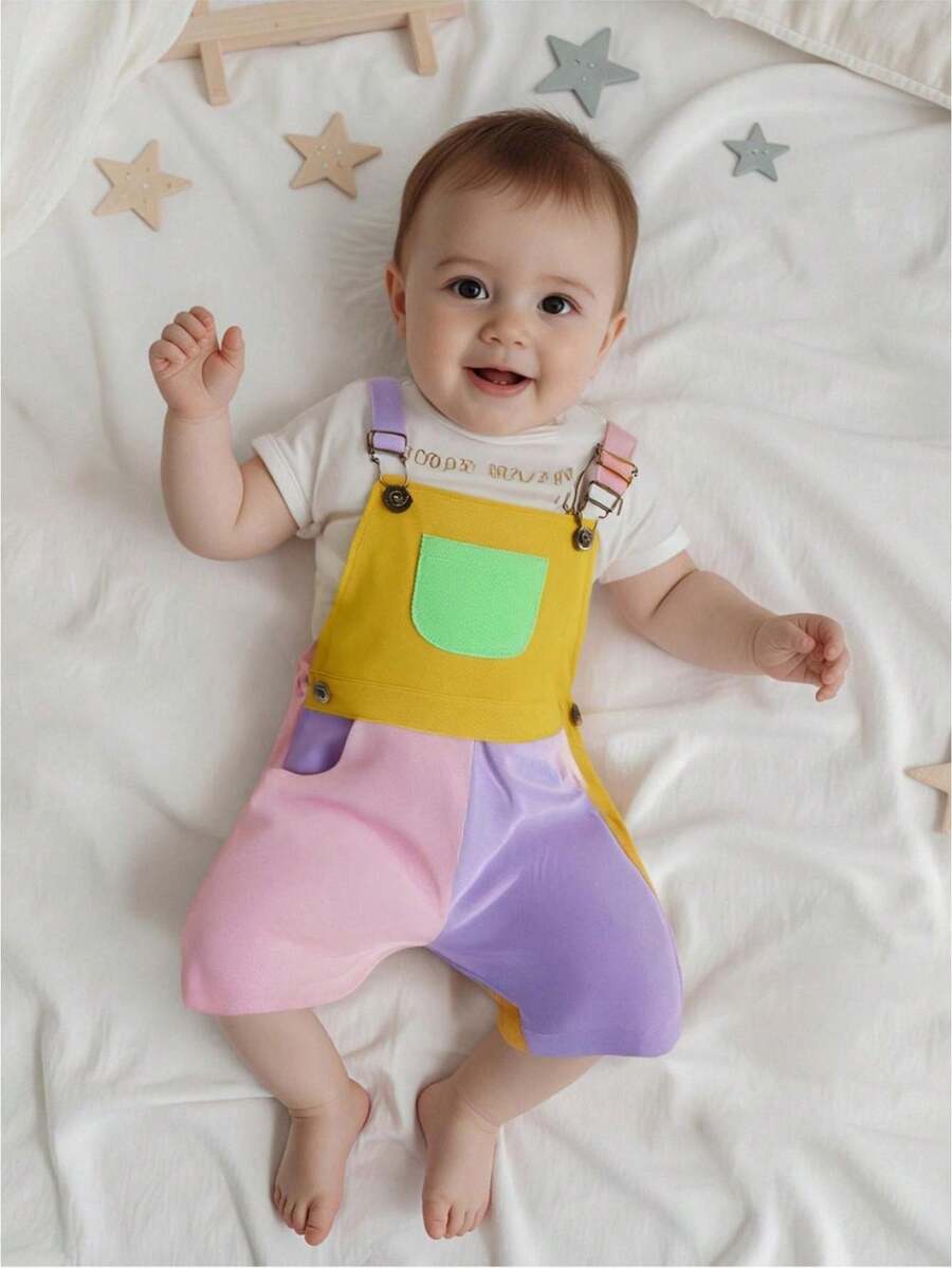 Toddler Boy Girl Overalls Shorts Contrast Color Sleeveless Suspender Romper with Adjustble Shoulder Strap - Rosa - Ver 1