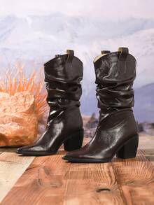 Botas medianas de mujer de color marrón con pliegues, con acabado de volantes estilo western, adecuadas para vacaciones, otoño/invierno, tacón alto - Marrón - Ver 6